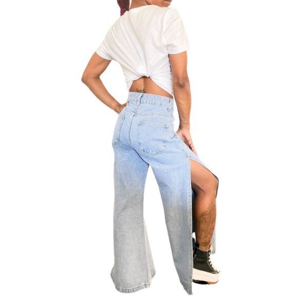 (NWT) Side Slit High Waist Wide Leg Jeans - Blue - Picture 3 of 8